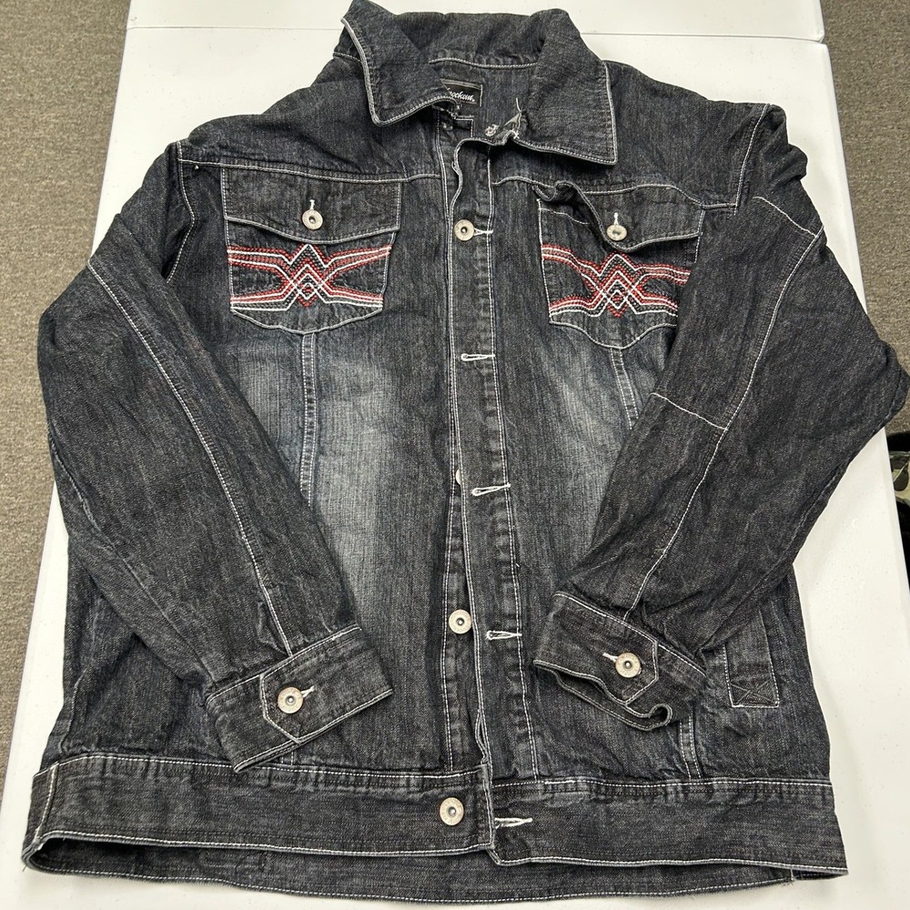 Knockout Denim Jacket Mens 2X Black Excellent Embroidered Contrast Stitch Y2K